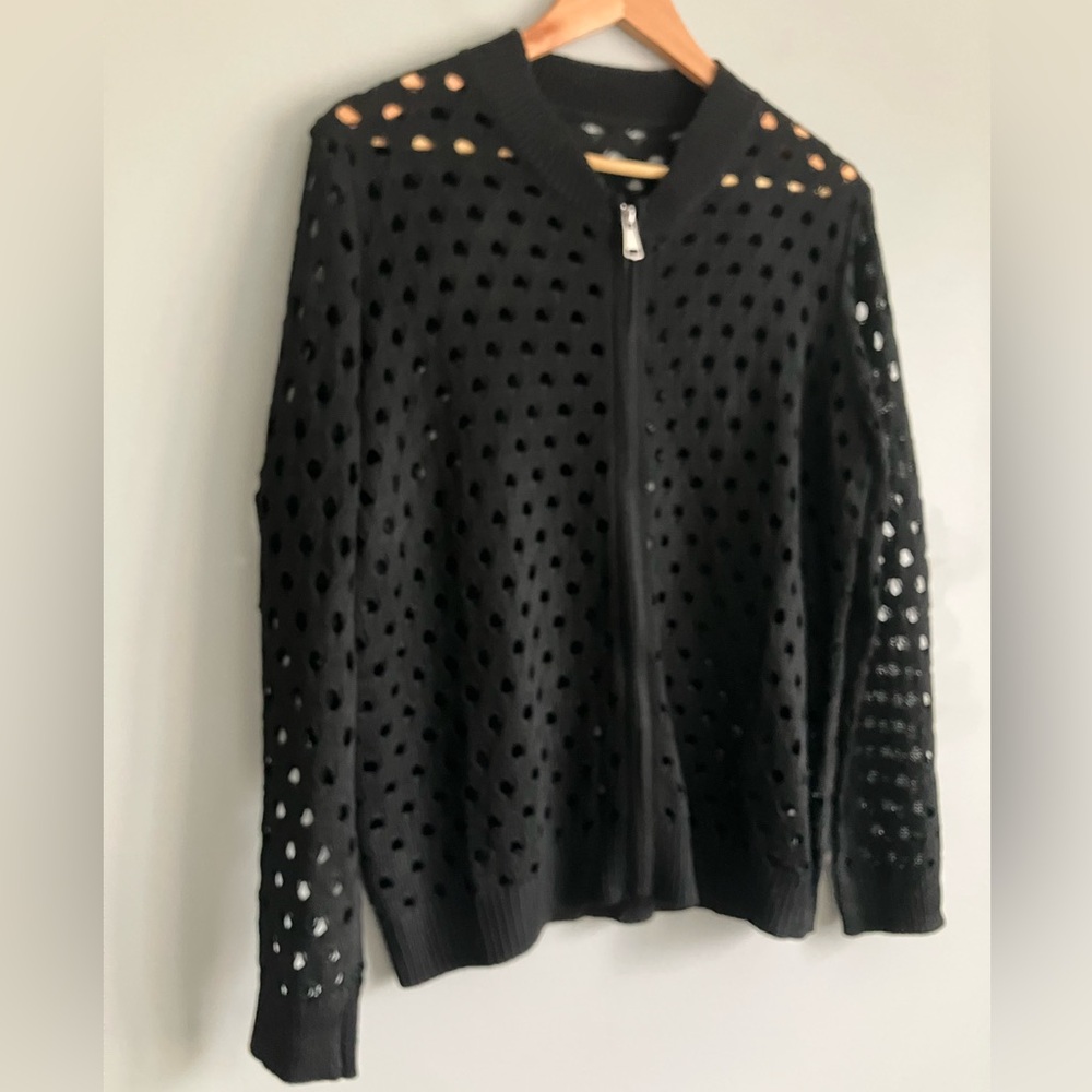 UNBRANDED Black Open Knit Zipper Front Crewneck Sweater Size XS (Like a S-M) - Picture 6 of 10
